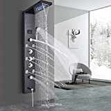 Votamuta LED Light Rainfall Waterfall Shower Panel Tower Rain Massage System with Jets,Hydroelectricity Temperature Display Hand Shower and Horizontal Spray Fingerprint-Free