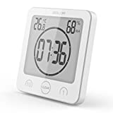 Digital Bathroom Shower Wall Clock Timer with Alarm, Waterproof for Water Spray, Touch Screen Timer, Temperature Humidity Display with Suction Cup Hanging Hole (White)