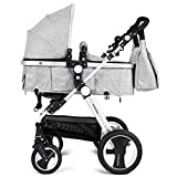 BABY JOY Baby Stroller, 2-in-1 Convertible Bassinet Reclining Stroller, Foldable Pram Carriage with 5-Point Harness, Including Cup Holder, Foot Cover, Diaper Bag, Aluminum Structure, Gray