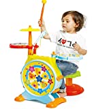 Prextex Toy Drum Set for Toddlers with Working Microphone, Lights, Adjustable Sound, Bass Drum, Pedal, Drum Sticks, and Little Chair for Babies Toddlers and Kids