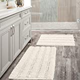 Extra Thick Striped Bath Rugs for Bathroom - (Set of 2) Anti-Slip Bath Mats Soft Plush Chenille Yarn Shaggy Mat Living Room Bedroom Mat Floor Water Absorbent (Ivory, 20 x 32 Plus 17 x 24 - Inches)