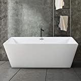 FerdY Palawan 59' Acrylic Freestanding Bathtub, Rectangle Contemporary Design Freestanding Soaking Bathtub, Glossy White, cUPC Certified, Chrome Drain and Classic Slotted Overflow Included, 02532