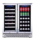 Phiestina Wine and Beverage Refrigerator | 30 Inch Built-In Dual Zone Wine Beer Cooler Refrigerator | Free Standing French Door Drink Fridge with Digital Memory Temperature Control