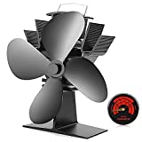 CWLAKON Heat Powered Stove Fan- Upgrade Designed Silent Operation 4 Blades with Stove Thermometer for Wood/Log Burner/Fireplace-Eco Friendly and Efficient Heat Distribution(Black)