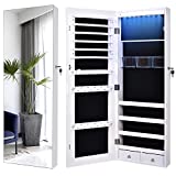 LVSOMT Full-Length Mirror Jewelry Cabinet, Jewelry Organizer and Storage with 8 LED Lights, Wall Mounted / Over The Door Hanging Large Jewelry Armoire with 2 Drawers, 4 Shelves for Bedroom (White)