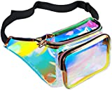 Water Resistant Shiny Neon Fanny Bag for Women Rave Festival Hologram Bum Travel Waist Pack, Transparant Gold and Pink