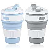 2 PCS Collapsible Cup - Leakproof Silicone Folding Coffee Mugs Outdoor & Office - Lightweight Expandable Drinking Cups Set for Kids & Adults - Reusable Travel Car Foldable Bottle with Lids for Camping
